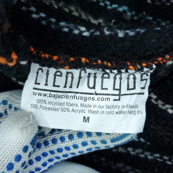 CienFuegos Baja Hoodie Men Medium Black Surfer Drug Rug Striped Pullover Poncho - Picture 3 of 6